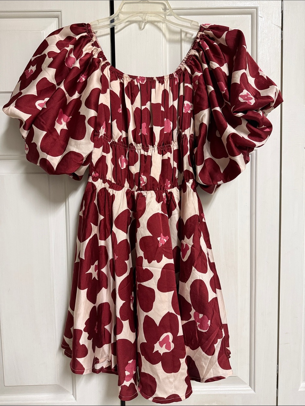 Altar'd State Burgundy and Cream Floral Puff-Sleeve Mini Dress